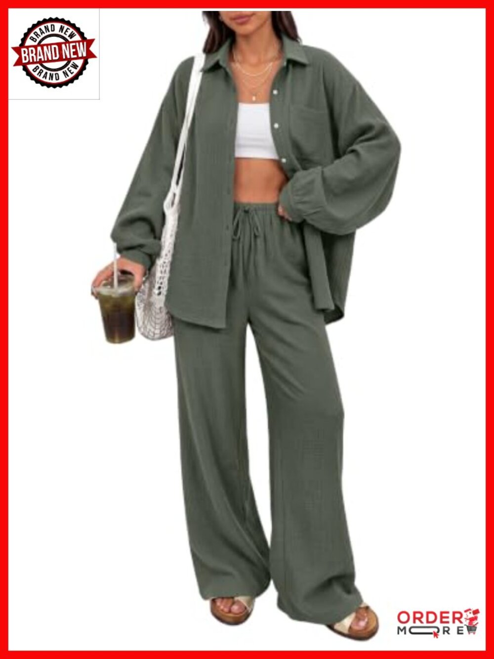 Womens 2 Piece Matching Lounge Set Oversized Cotton Button Down Top & Wide Leg